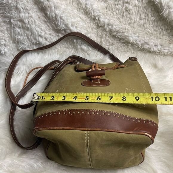 Francesco Biasia leather olive green and brown straps bucket drawstring bag. - Picture 11 of 16